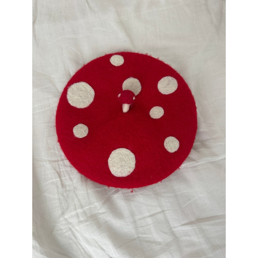 Handmade Red Mushroom Wool Felt Beret Toadstool Polka Dot Cottagecore Hat